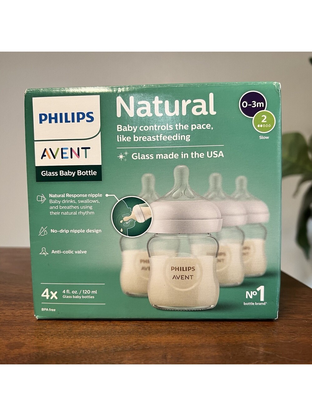4 Philips Avent Natural Glass Baby Bottles Response Newborn 4oz Slow Anti-colic